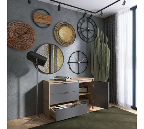 Комод с дверью и 3 ящиками Сити-1150 — 115×38×75 см, Дуб Сонома / Графит Эверест