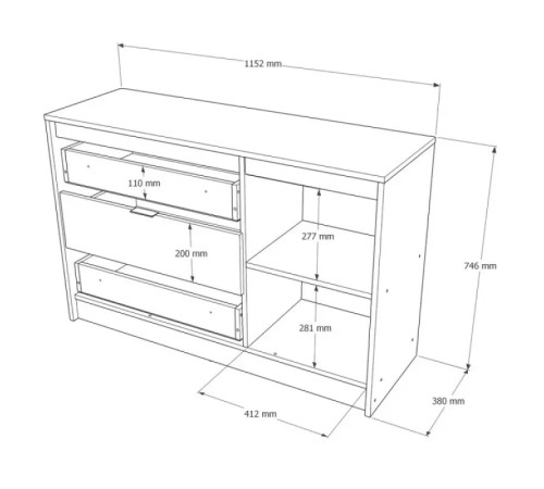 Комод с дверью и 3 ящиками Сити-1150 — 115×38×75 см, Дуб Сонома / Графит Эверест